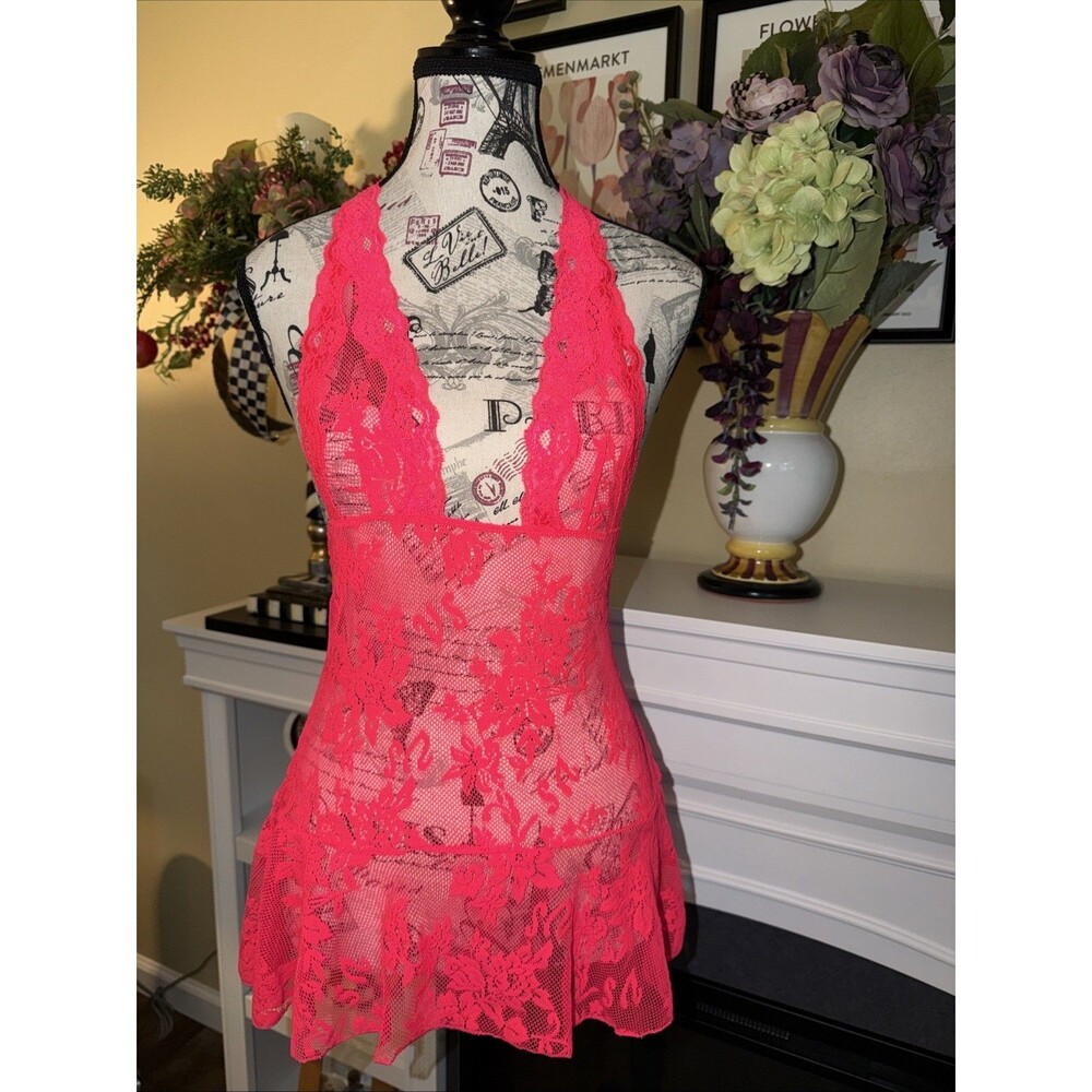 Victoria's Secret Neon Coral Pink Floral Lace Halter Babydoll Extra Small XS